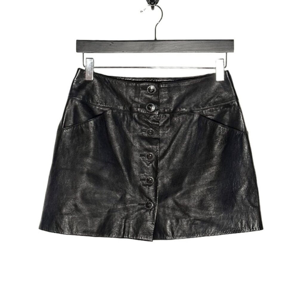 Chanel FW06 Runway Black Leather CC Buttons Mini Skirt